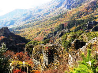 日本三大渓谷美のひとつ、寒霞渓山頂から奇岩と紅葉の渓谷を遠望